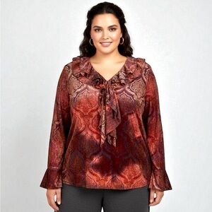 Velvet Burnout Sheer Metallic Top Sz 2XL Red Gold Whimsigoth‎ by Susan Lawrence